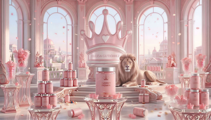 Salón de palacio rosa con leones y el producto